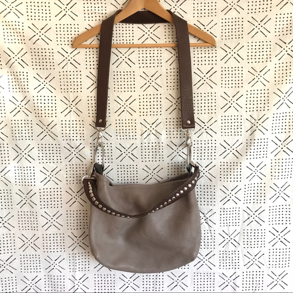 Stud-Accent Taupe Crossbody Bag with Dark Brown Strap